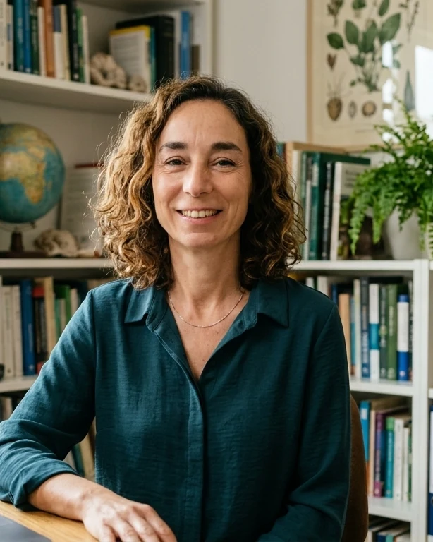 Carolina López Arbasetti sonriendo en su despacho, rodeada de libros y plantas
